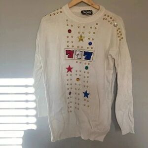 Vintage Gepetto 777 Lucky Number 100% Cotton Bejeweled Sweater
